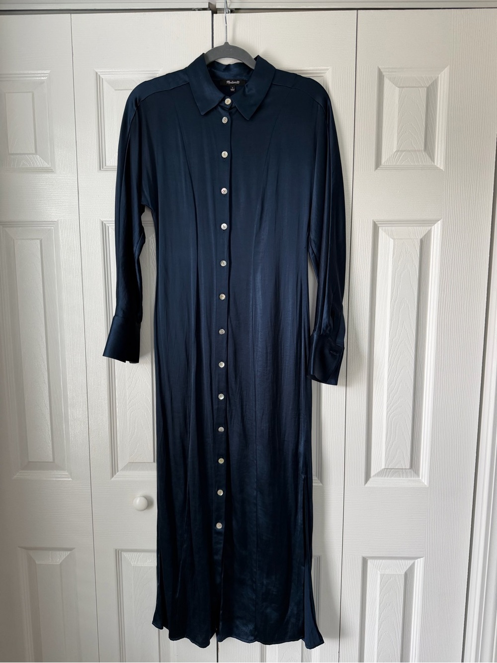 Madewell Navy Button-Front Satin Maxi Shirt Dress